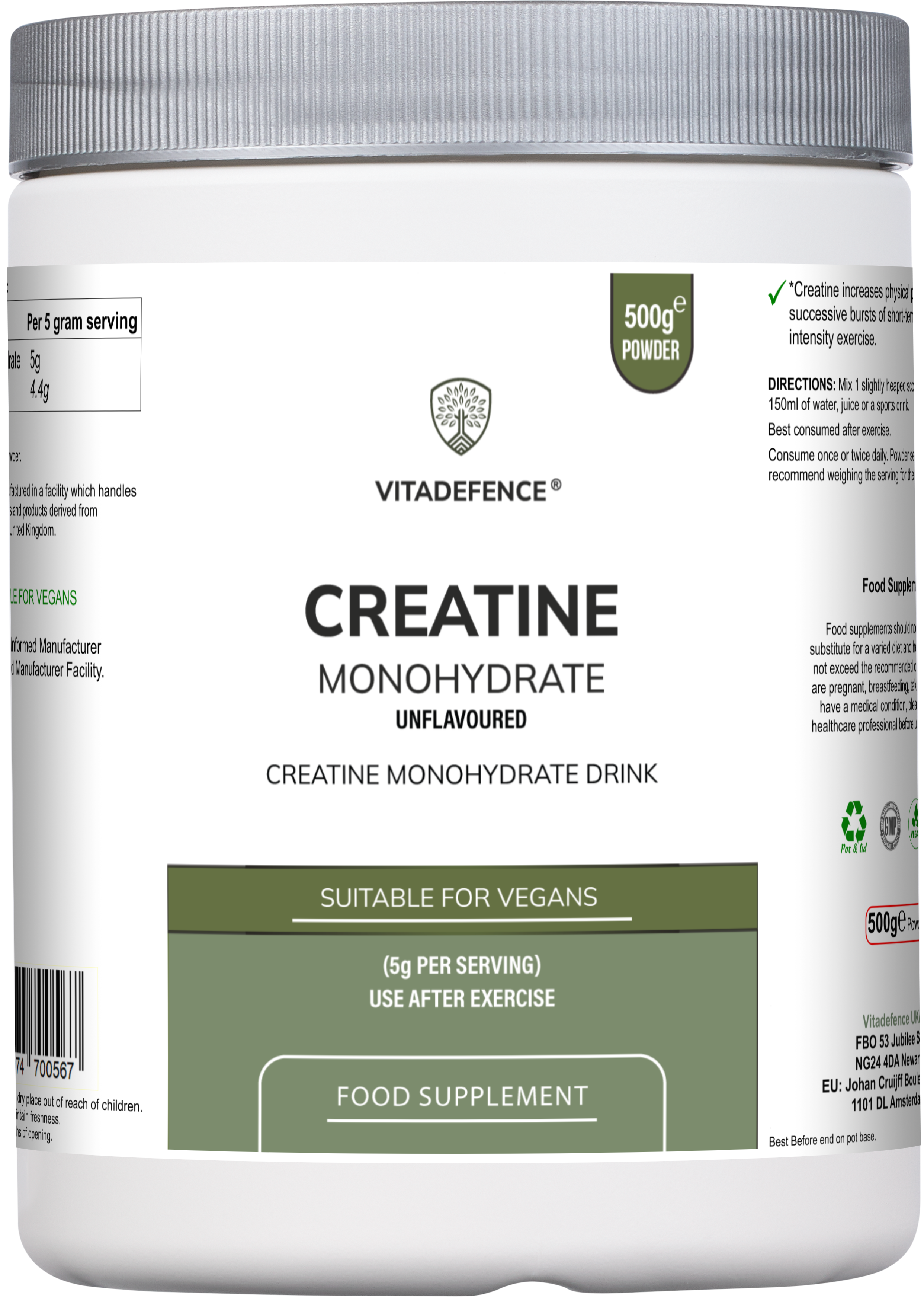 Creatine Monohydrate | Pure Unflavoured Creatine Powder – 500 g - 100 Servings