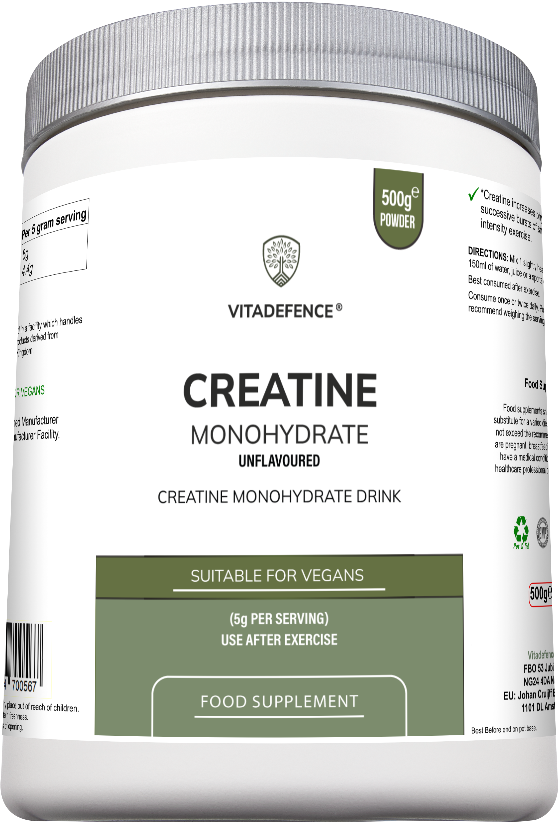 Creatine Monohydrate | Pure Unflavoured Creatine Powder – 500 g - 100 Servings